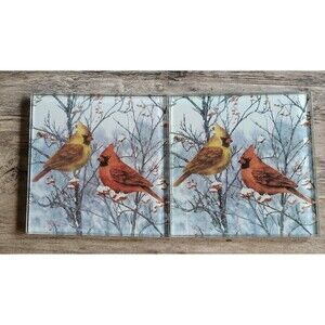 Set Of 2 Vtg Thick Glass Coasters Cardinals Winter Scene Artistic Beauty